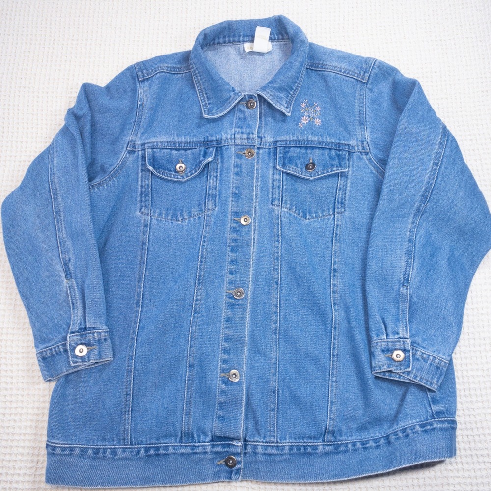 Roamans Denim Jacket Womens Medium Blue Cotton Butterfly Floral Embroidered Jean